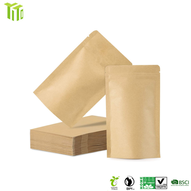 Inner Material
PLA: is the most common inner layer material in biodegradable coffee packaging bags, with good mechanical properties, physical properties and thermal stability. Suitable for blow molding, thermoplastic and other processing methods.
The CO₂ generated during the decomposition process will be directly absorbed and utilized by plants, and will not be discharged into the air and will not produce a greenhouse effect.
PBS: The source of synthetic raw materials can be either petroleum or biological. Excellent mechanical properties, good heat resistance, thermal deformation temperature close to 100 ℃.
Middle Material
Biodegradable materials that can be used as insulating layers are: NKME and kraft paper.
NKME: With metallic luster, excellent strength and barrier properties, it is a common material for the production of biodegradable custom coffee packaging bags.
Outer layer
Kraft paper: As one of the traditional materials for making flexible packaging, kraft paper has very good degradability and
barrier properties, Can be directly used as printing layer.
