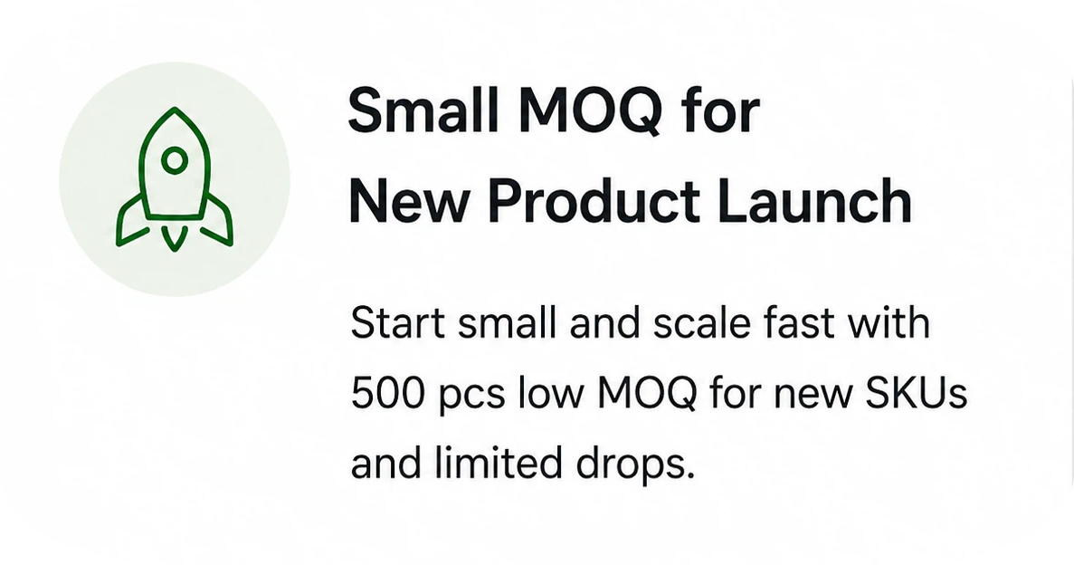 Feature card showing a rocket icon with the title ‘Small MOQ for New Product Launch’ and text describing 500 pcs minimum order for new SKUs.
