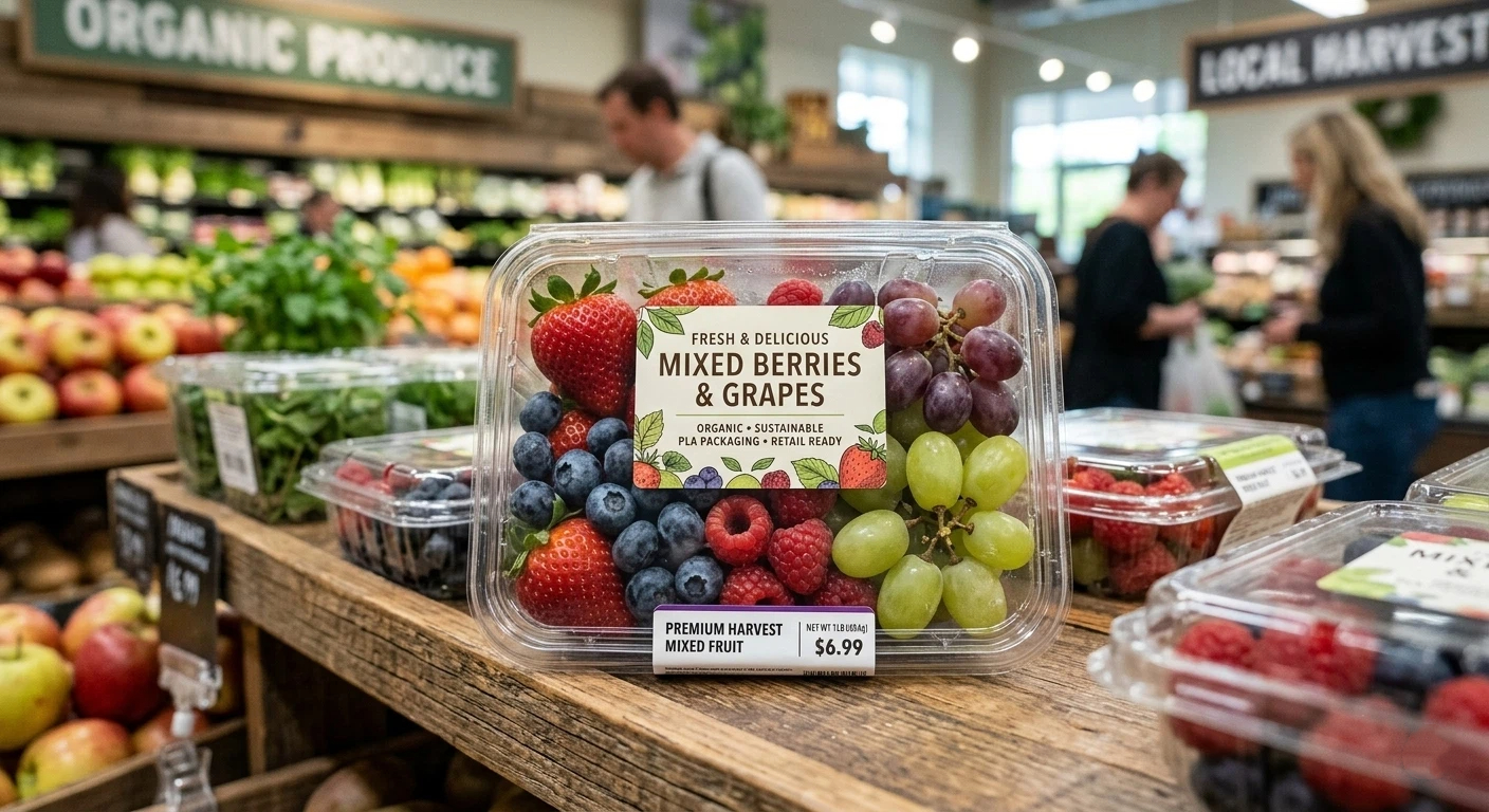 PLA clamshell containers used for fresh fruit packaging and retail display