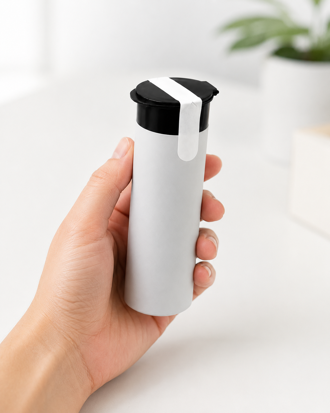 PLA tamper-evident band applied to a small tube container