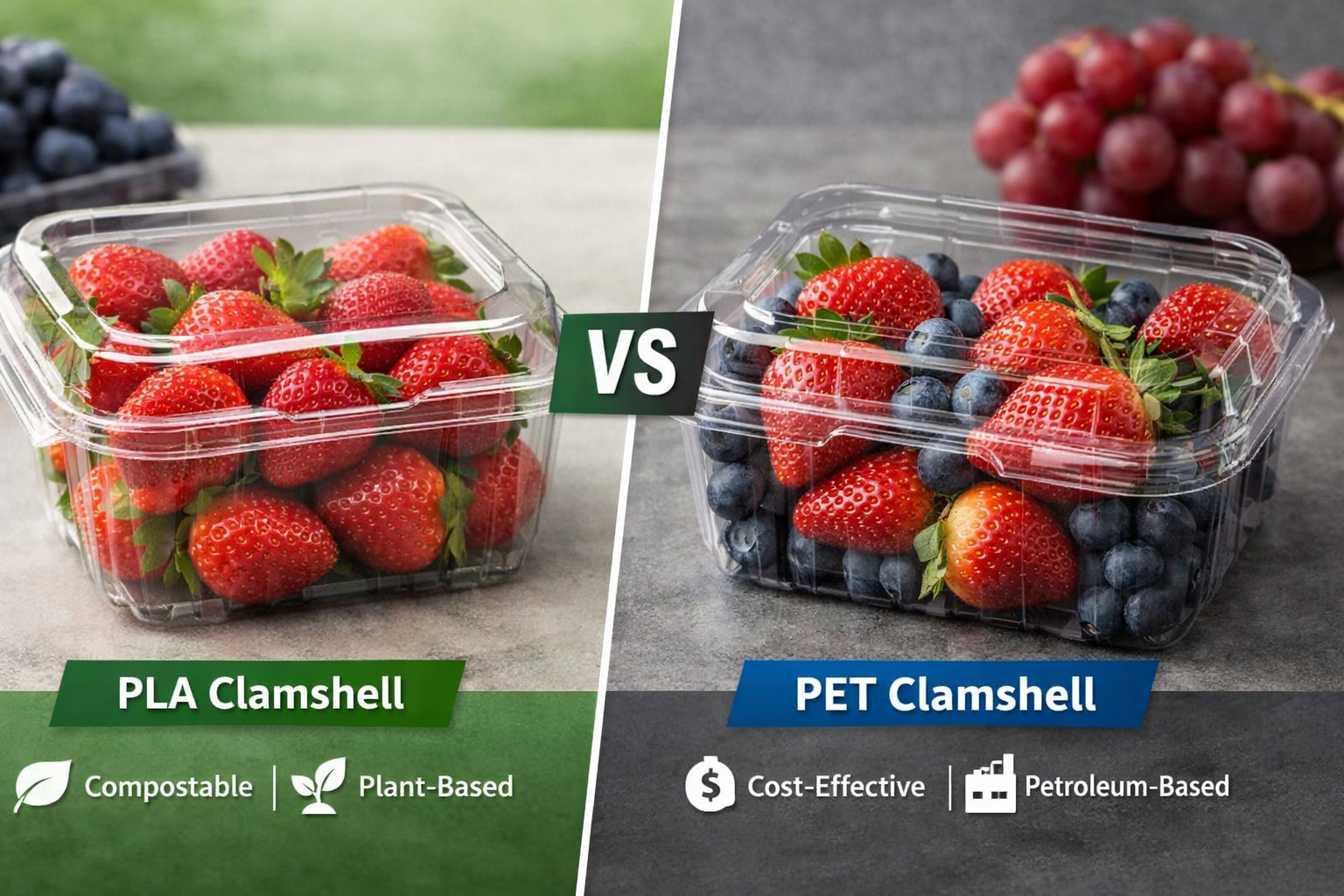 PLA vs PET clamshell containers for produce packaging comparison