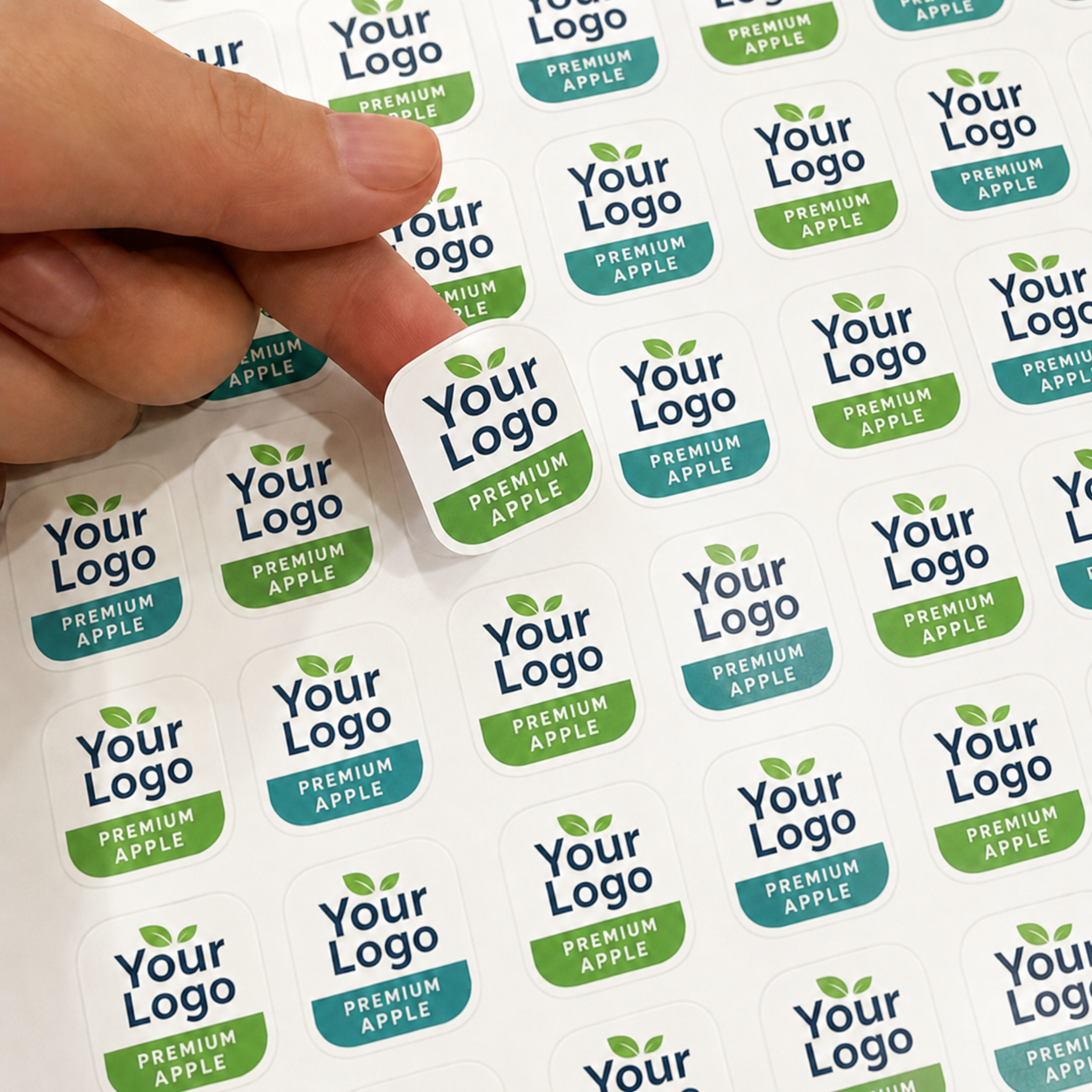 Peeling custom fruit sticker from apple with barcode label