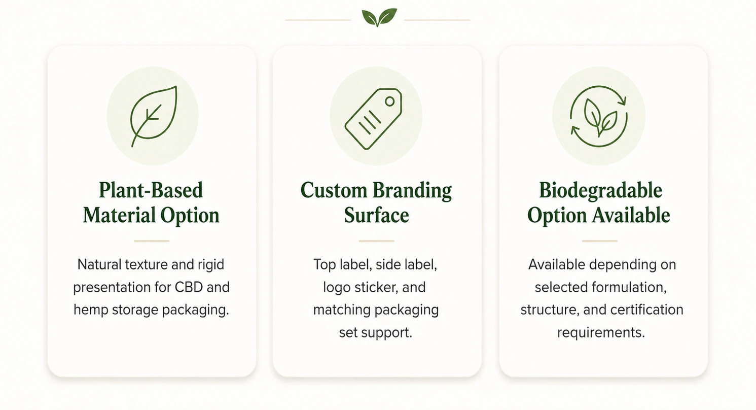 Plant-based CBD and hemp packaging material support infographic