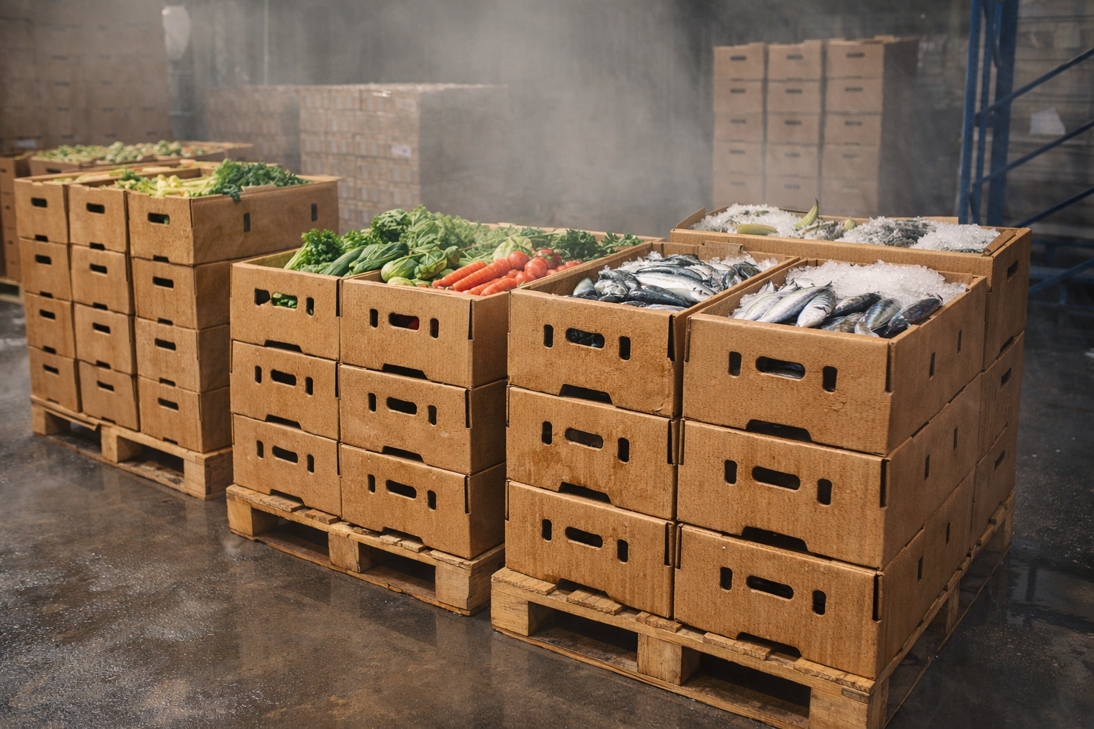 Waxed produce boxes used for cold chain packaging of fresh produce and seafood