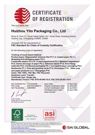 FSC certificate from YITO PACKAGING